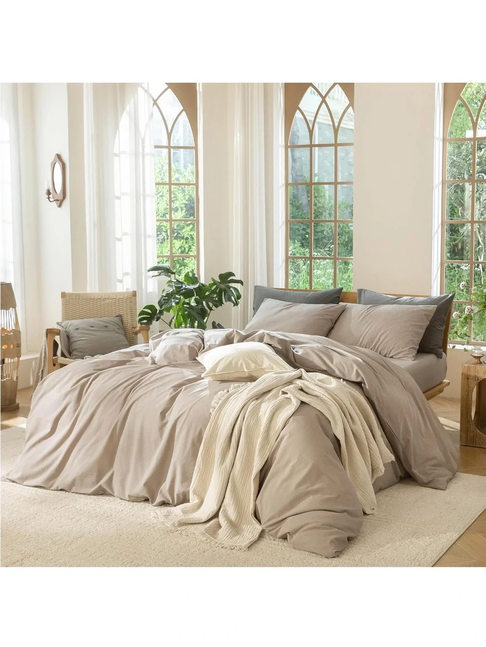 NEW MooMee Bedding Duvet Cover Set 100% Washed Cotton Linen Like. Taupe, Queen.